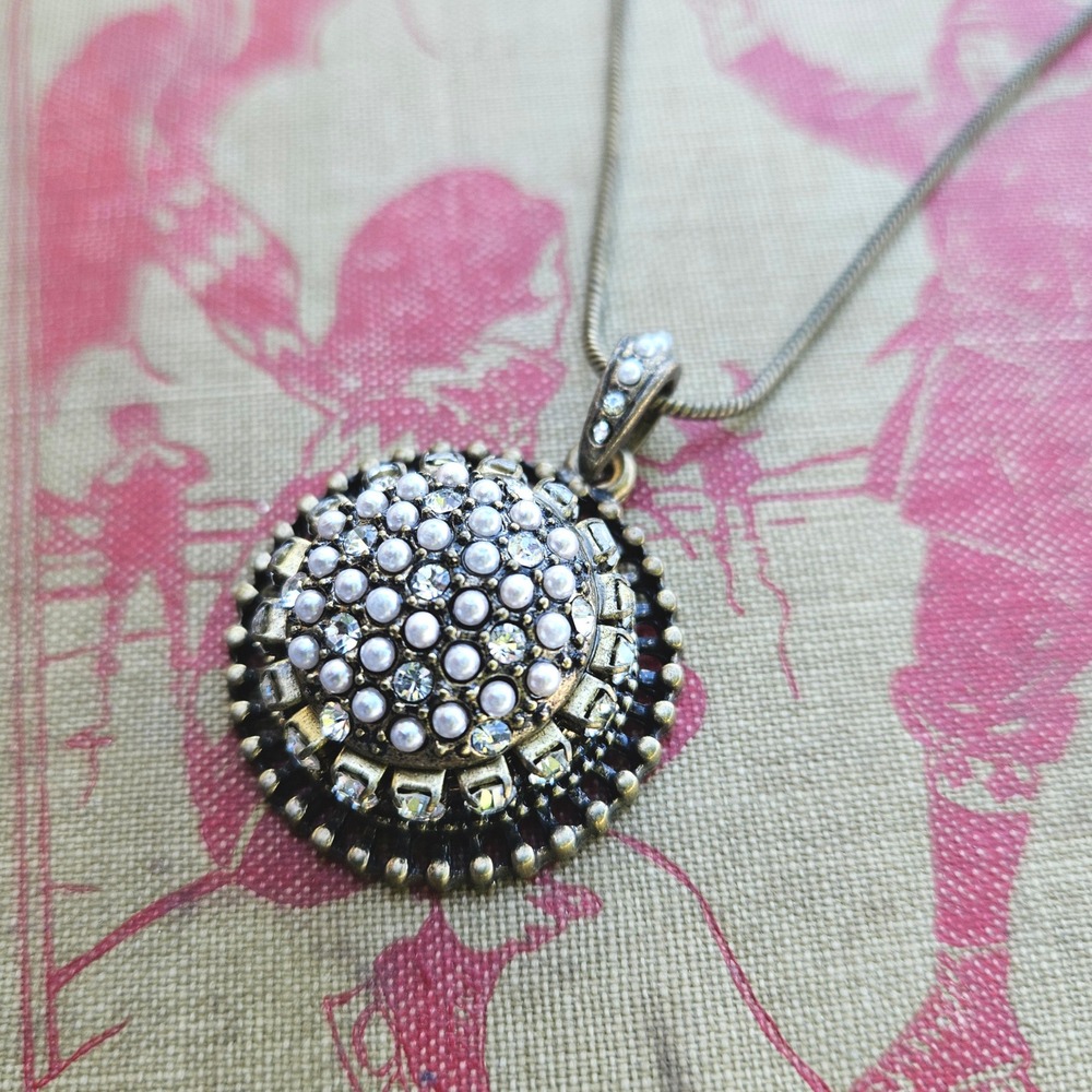 Chicos Antiqued Bronze Faux Pearl Crystal Dome Pendant Snake Chain Necklace